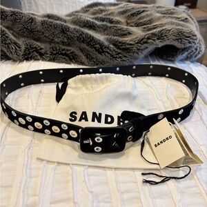 Sandro Black Suede Leather Belt with Silver Accents